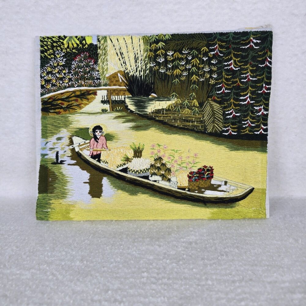 Asian Silk Thread Embroidered Tapestry Painting Farmers Harvesting Rice Field